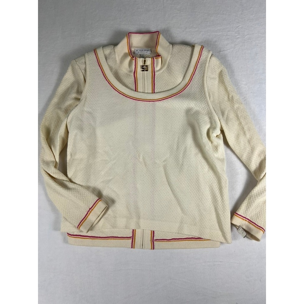 St. John Sport Knit Jacket Wm LG Cream Stripe Zip Up Wool Rayon Old Money Luxury